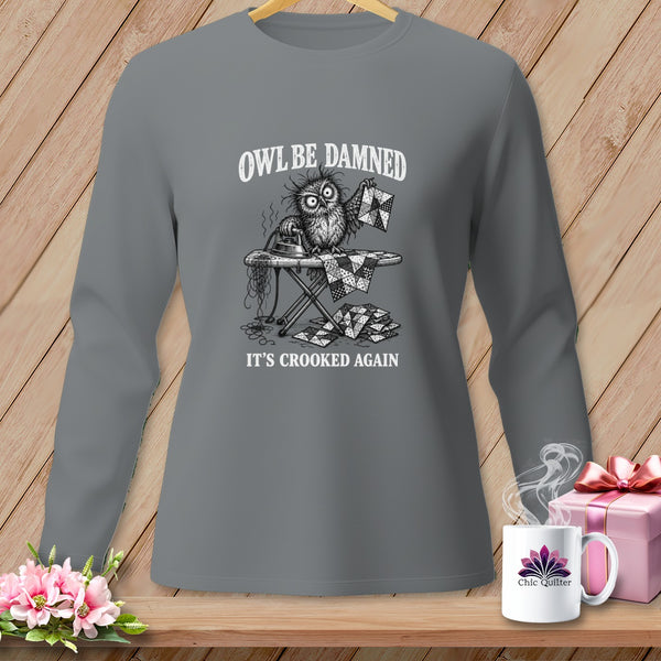 Gray long-sleeve shirt with cartoon owl ironing crooked quilt pieces.