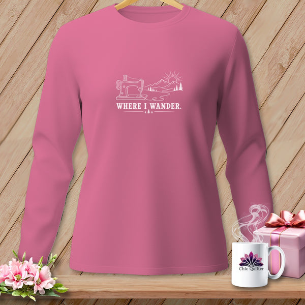 Pink long-sleeve shirt with "Where I Wander" and sewing machine design.