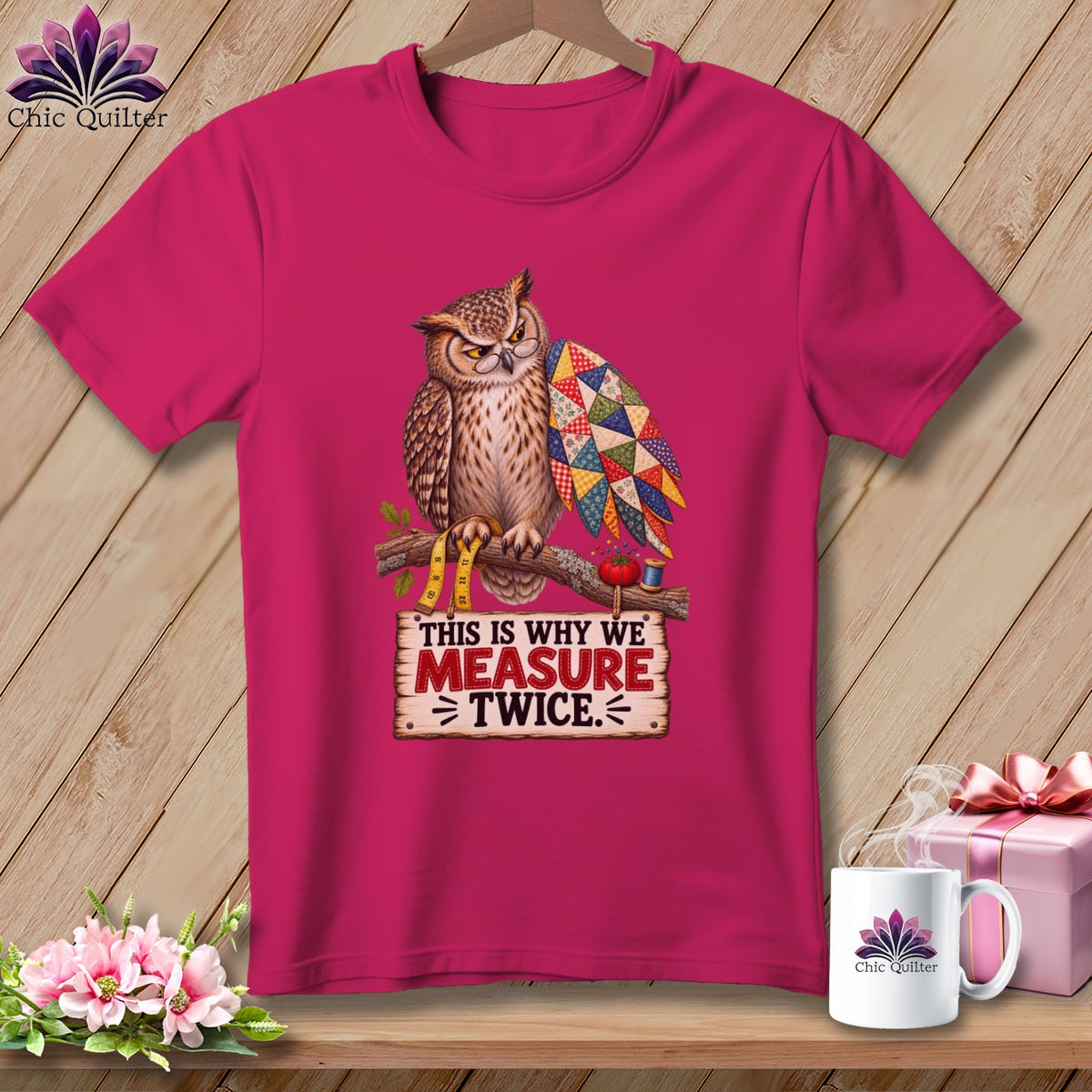 Owl wearing glasses and holding a patchwork wing, with text "This is why we measure twice."