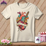 Cream t-shirt with anatomical heart graphic, dagger, and 
