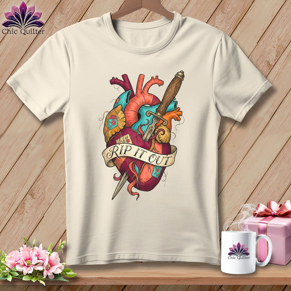 Cream t-shirt with anatomical heart graphic, dagger, and "Rip It Out" banner.