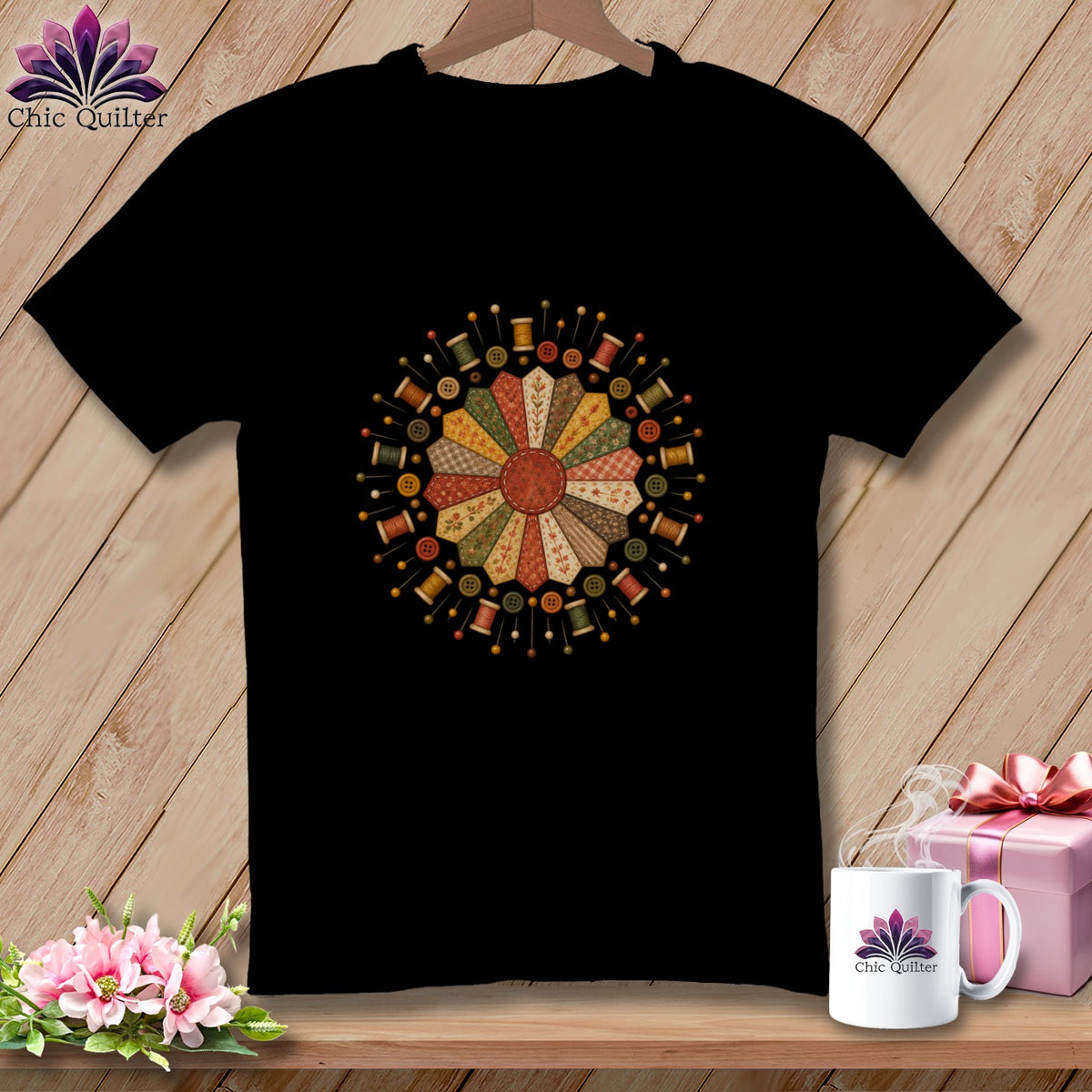 Black t-shirt with circular sewing design and Chic Quilter logo on mug.