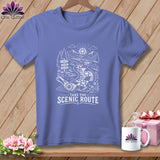 Purple t-shirt with a scenic route design and the text 