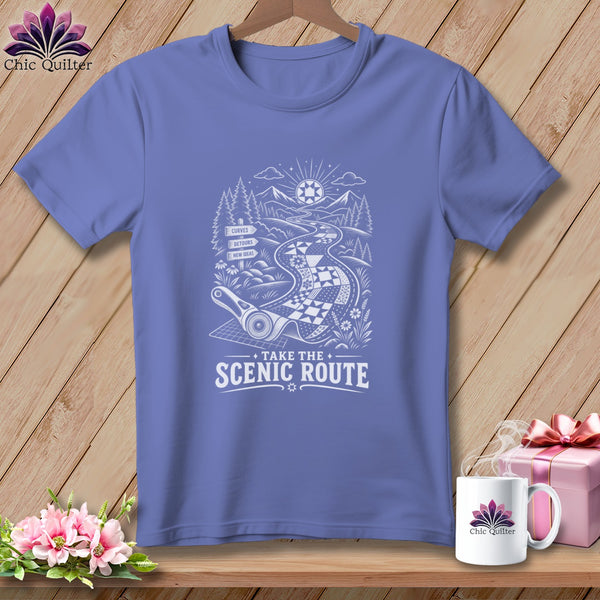 Purple t-shirt with a scenic route design and the text "TAKE THE SCENIC ROUTE".