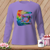 Purple long-sleeve shirt with a colorful, abstract sewing machine graphic.