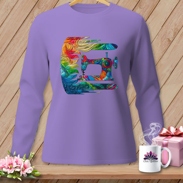 Purple long-sleeve shirt with a colorful, abstract sewing machine graphic.