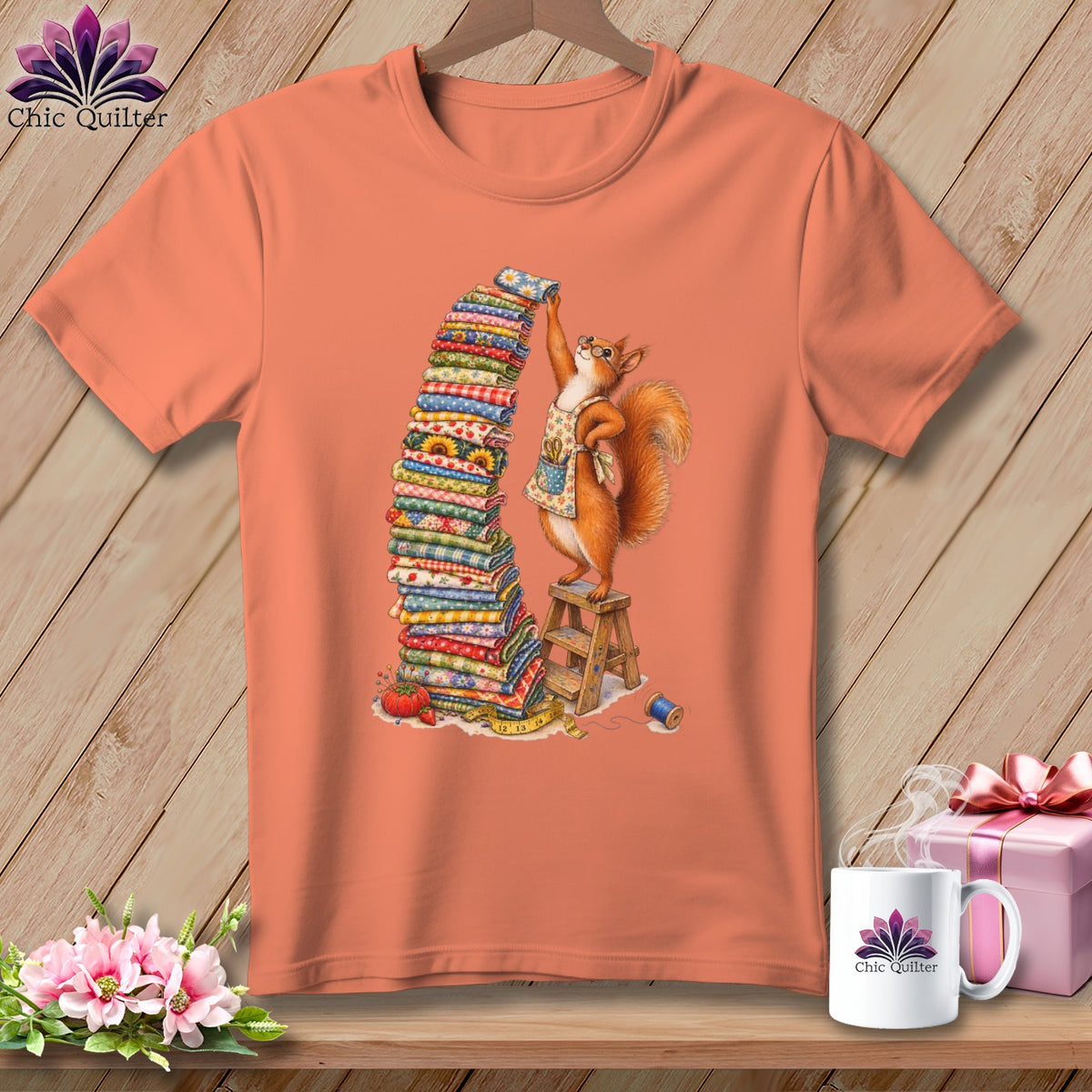 Squirrel with glasses stacks fabric on a ladder, wearing an apron.