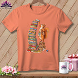 Squirrel with glasses stacks fabric on a ladder, wearing an apron.