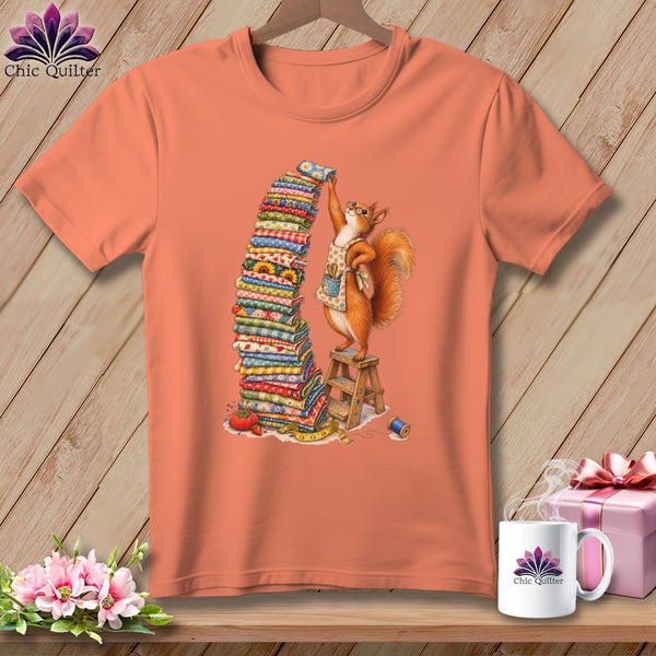 Squirrel with glasses stacks fabric on a ladder, wearing an apron.