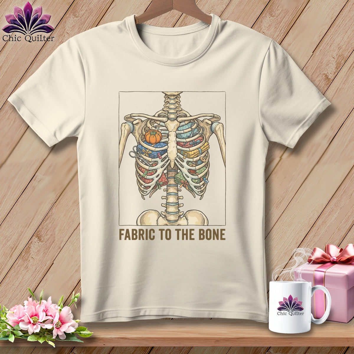 T-shirt with a skeleton rib cage filled with fabric scraps and a pumpkin.