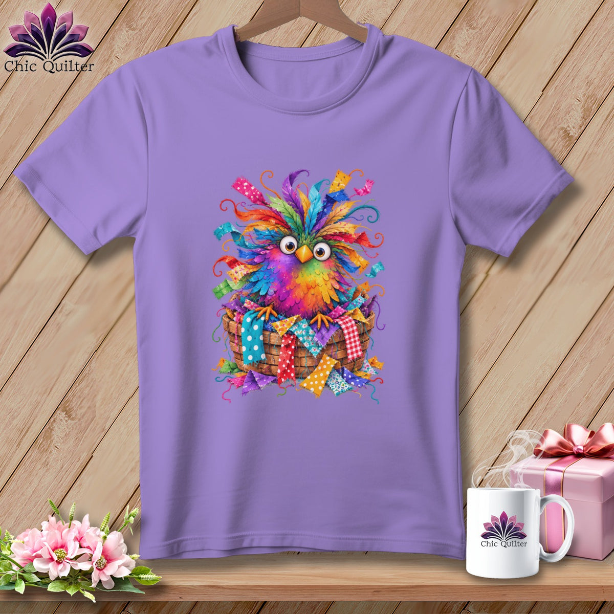 A purple t-shirt featuring a colorful, whimsical owl graphic sitting in a woven basket.