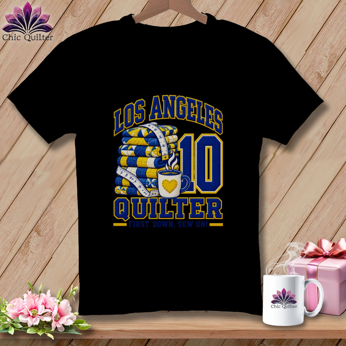 Black t-shirt featuring Los Angeles Quilter text with a folded quilt stack and number 10 graphic.