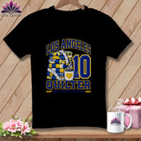Black t-shirt featuring Los Angeles Quilter text with a folded quilt stack and number 10 graphic.