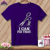 Purple t-shirt with scissors, thread, and 