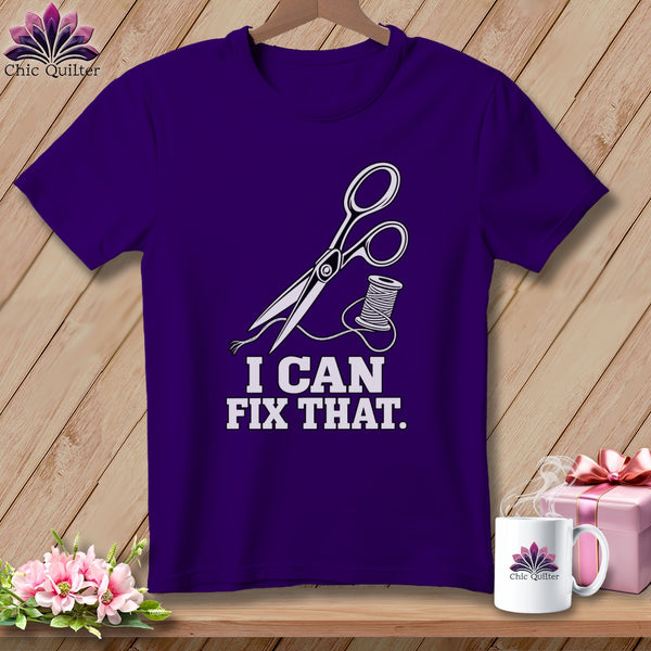 Purple t-shirt with scissors, thread, and "I CAN FIX THAT" text.