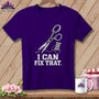 Purple t-shirt with scissors, thread, and "I CAN FIX THAT" text.