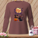 Black cat with witch hat sewing pumpkin with text 