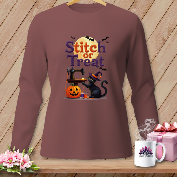Black cat with witch hat sewing pumpkin with text "Stitch or Treat".