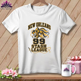 White t-shirt with a New Orleans Stash League graphic featuring a gold and black fleur-de-lis.