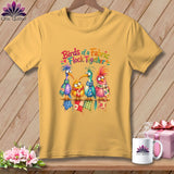 Mustard yellow t-shirt featuring a colorful illustration of four quirky birds and the text Birds of a Fabric Flock Together.