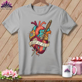 Grey t-shirt with a stylized heart graphic pierced by a dagger and a banner reading 