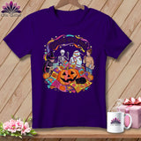 Purple t-shirt with Halloween quilting design featuring a witch, skeleton, mummy, and pumpkins.