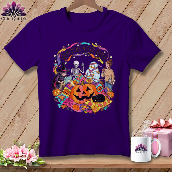Purple t-shirt with Halloween quilting design featuring a witch, skeleton, mummy, and pumpkins.