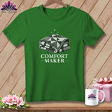 Green t-shirt with a folded quilt and 