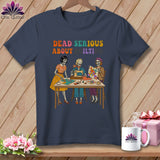 Skeleton quilters sew with sewing machine and fabric, text reads 