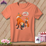 T-shirt with two foxes, one with a patchwork tail, saying 