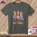 Dark gray crewneck t-shirt featuring an illustration of three colorful birds wearing glasses and flower crowns while sewing.