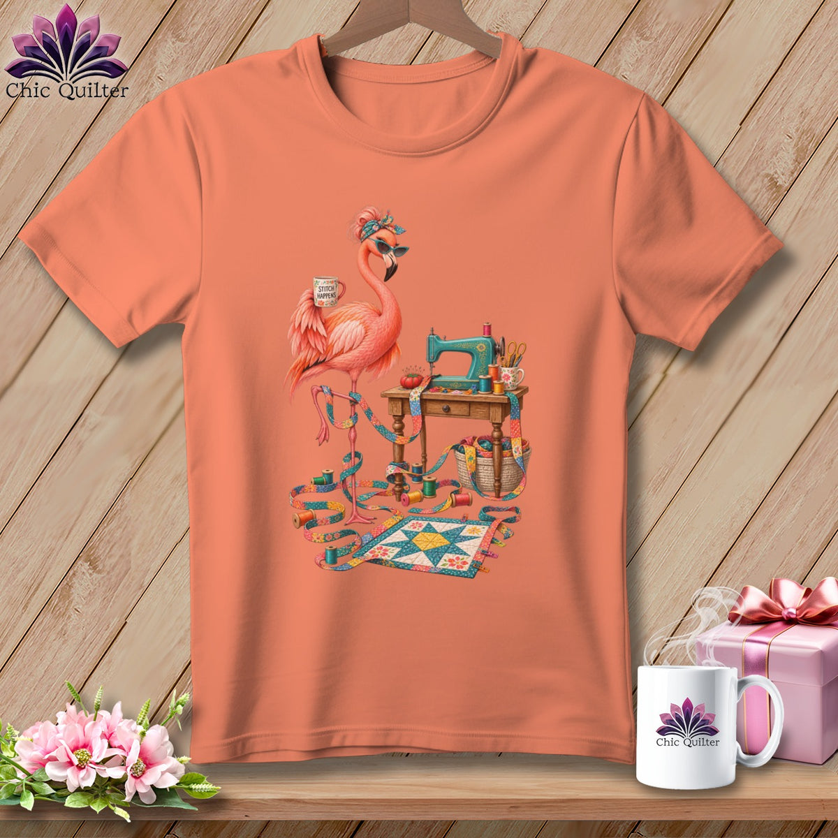 Peach t-shirt with flamingo, sewing machine, fabric, and quilt design.