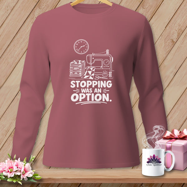 Long-sleeve shirt with white graphic of sewing machine, quilt blocks, and text.