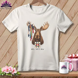 Moose wearing colorful fabric ribbons on antlers, holding quilt block, text 