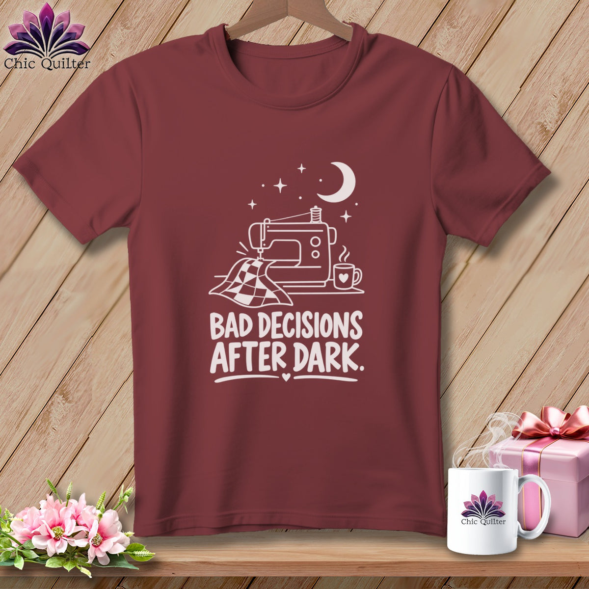 Maroon t-shirt with sewing machine graphic and "Bad Decisions After Dark" text.