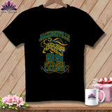 Black t-shirt featuring a Jacksonville 99 Stash League graphic with a spotted cat and sewing elements.