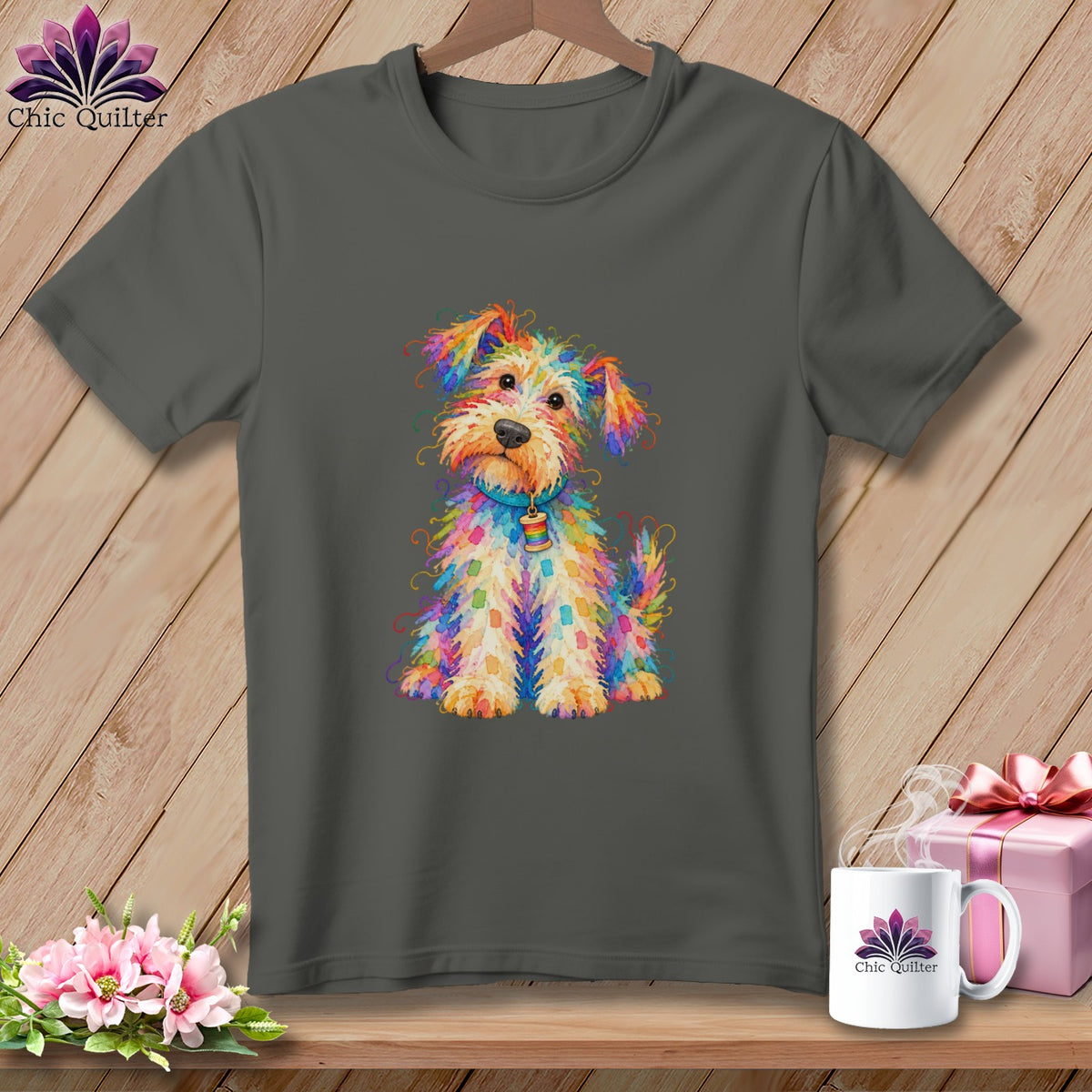 Charcoal t-shirt featuring a colorful, embroidered-style puppy graphic on the front against a wooden background.