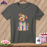 Charcoal t-shirt featuring a colorful, embroidered-style puppy graphic on the front against a wooden background.