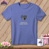Lavender t-shirt with a patchwork heart graphic and text 