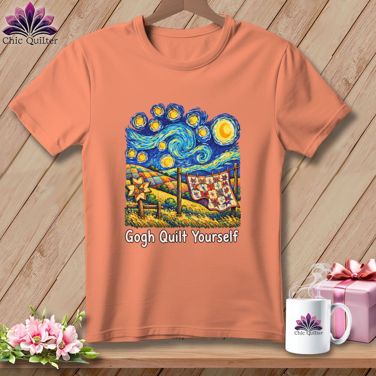 Peach t-shirt with "Gogh Quilt Yourself" text and Van Gogh starry night quilt design.