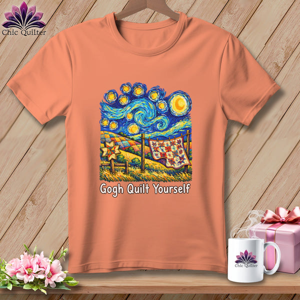 Peach t-shirt with "Gogh Quilt Yourself" text and Van Gogh starry night quilt design.