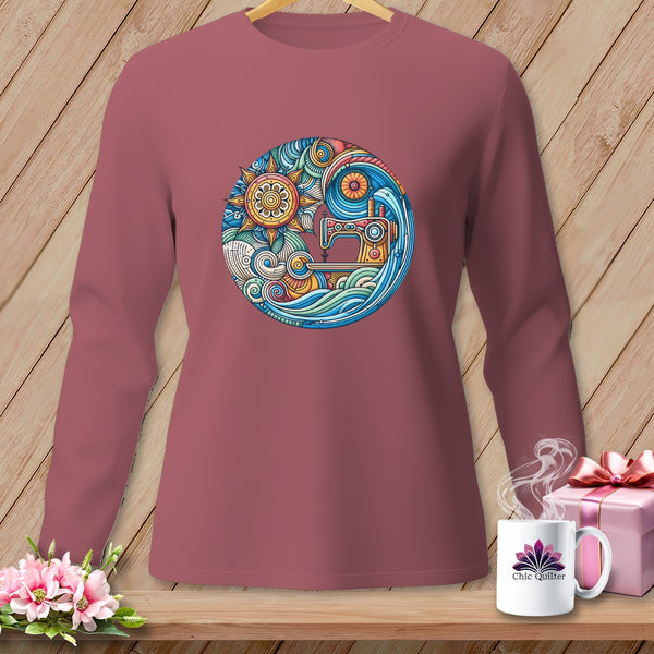 Long sleeve shirt with circular sewing machine and sun design.