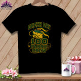 Black t-shirt featuring a green and yellow graphic with text that reads Green Bay 100 Fabric Crew.