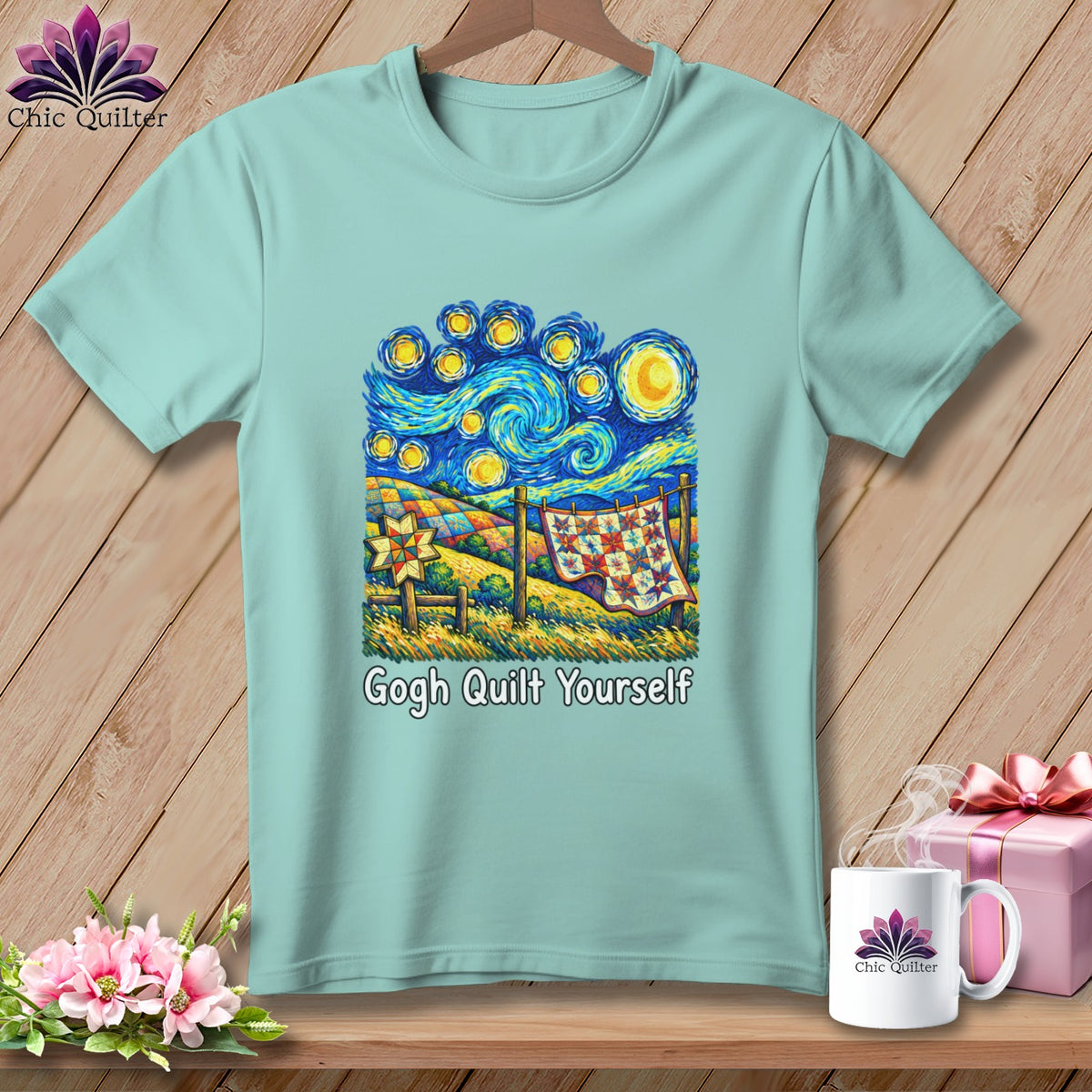 Light blue t-shirt with "Gogh Quilt Yourself" text and starry night quilt graphic.