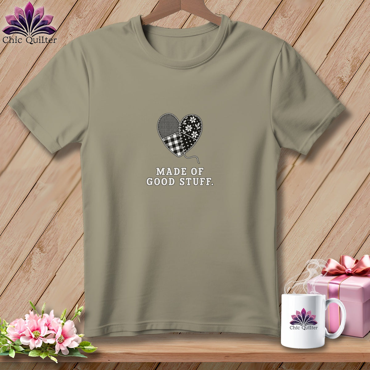 T-shirt with patchwork heart graphic and text "MADE OF GOOD STUFF."