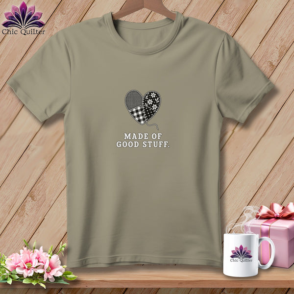T-shirt with patchwork heart graphic and text "MADE OF GOOD STUFF."