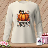 Cream long-sleeve shirt with a pumpkin, owl, and 