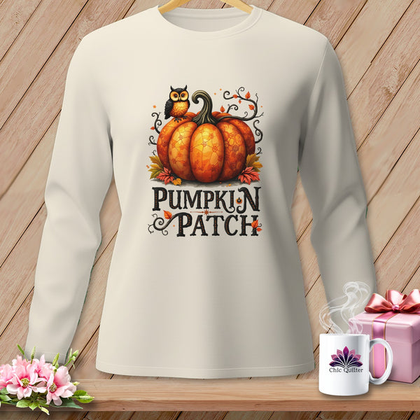 Cream long-sleeve shirt with a pumpkin, owl, and "Pumpkin Patch" text.
