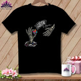 Black t-shirt with skeleton hands reaching for a colorful patchwork square labeled 