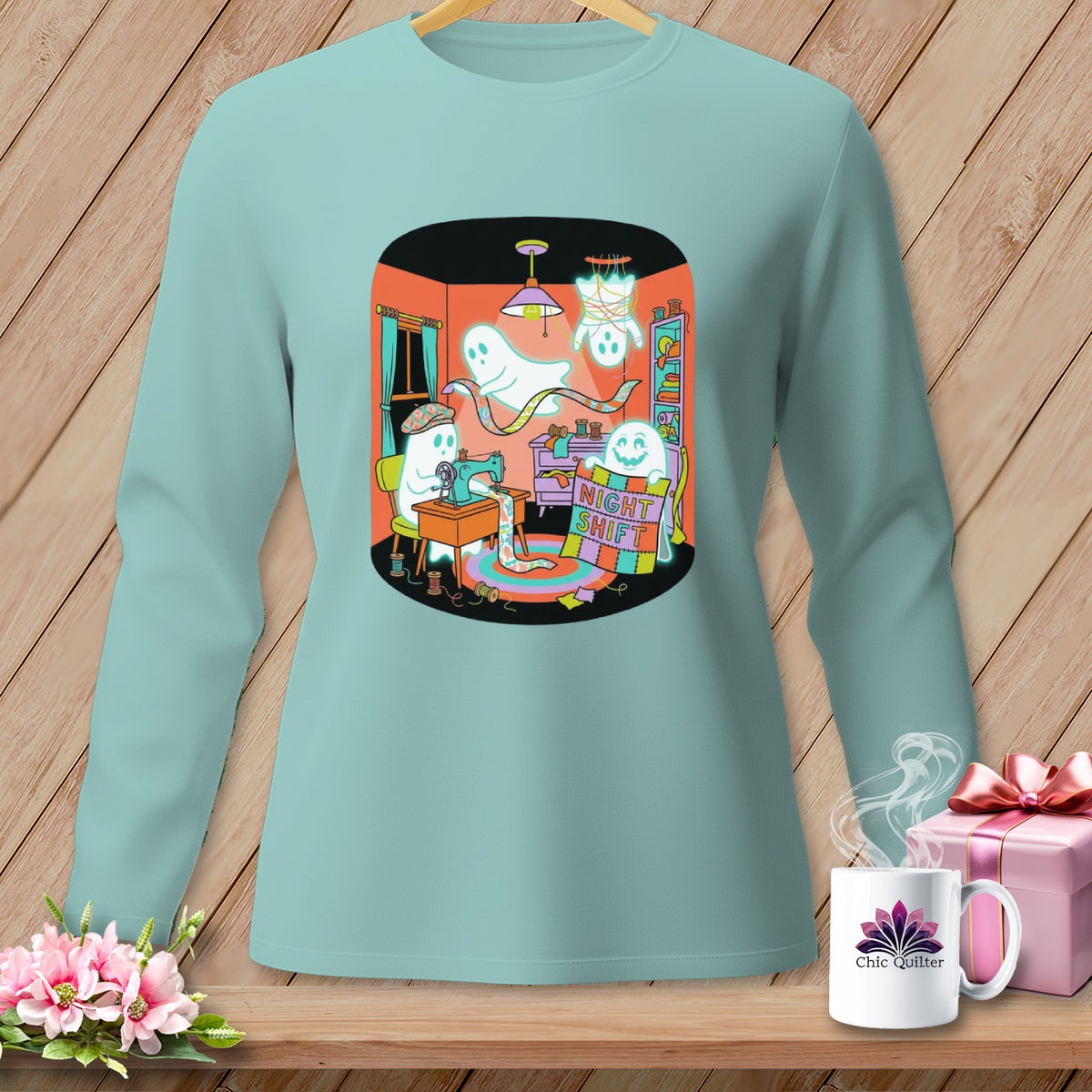 Ghosts sewing at a machine and on a quilt with "Night Shift" text.